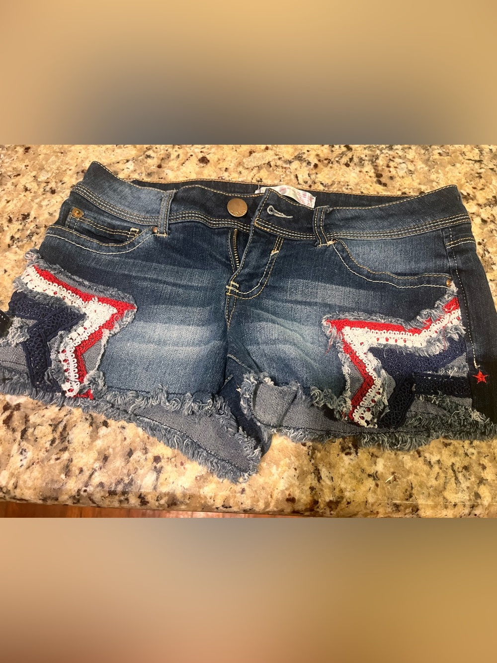 No Boundaries Dark Blue Denim Shorts with Red & White Star Patch